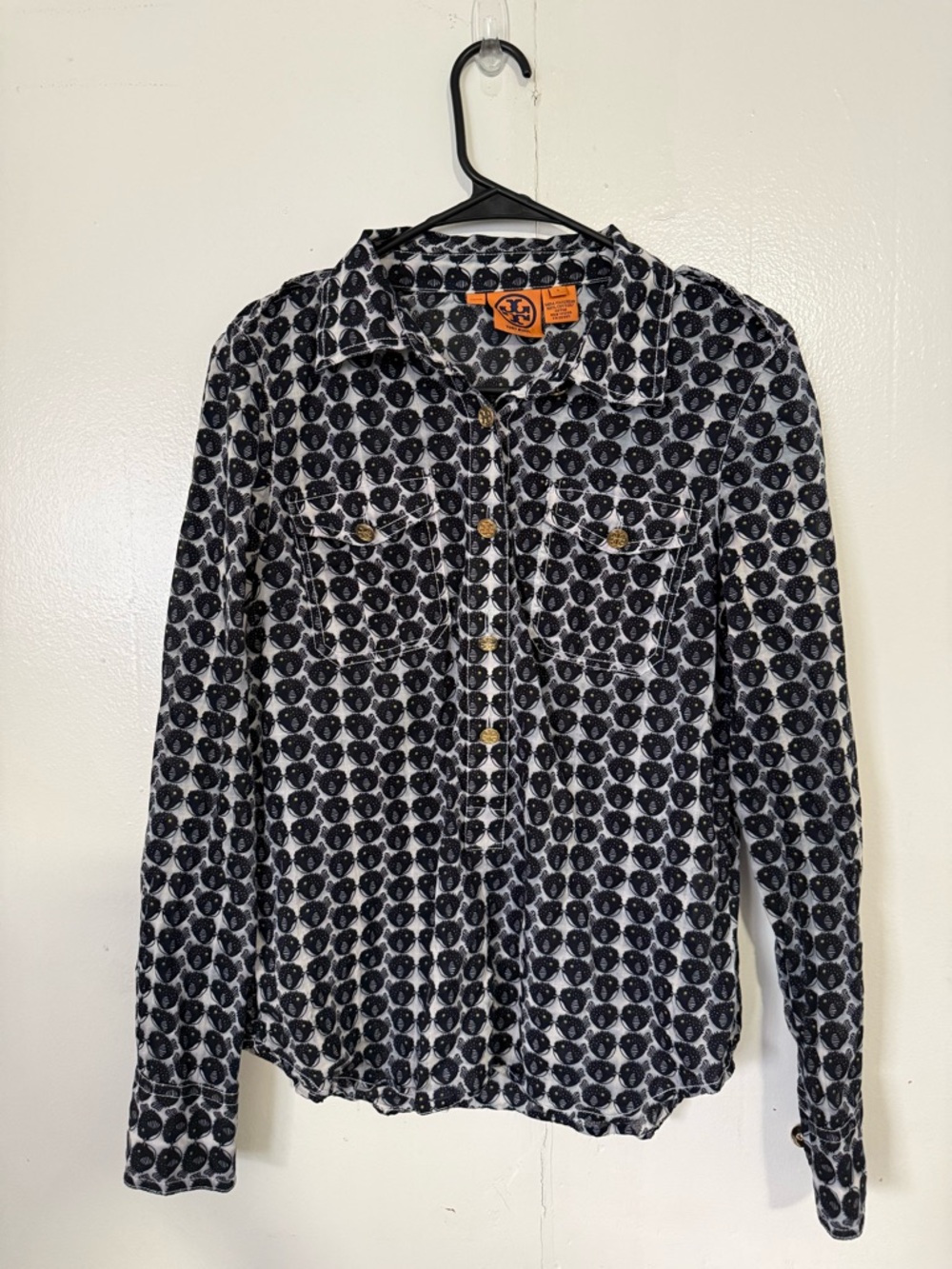 Tory Burch Dark Navy and White Puffer Fish Print Button-Up Blouse